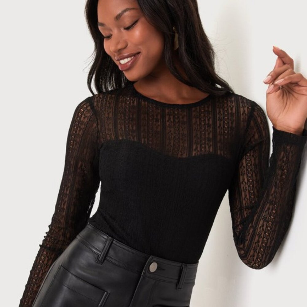 Lulus Sheer Passion Black Sheer Lace Long Sleeve Bodysuit - Size XS